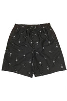 WEIV men's palm print beach shorts in black with palm tree design and adjustable drawstring
