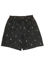 WEIV men's palm print beach shorts in black with palm tree design and adjustable drawstring