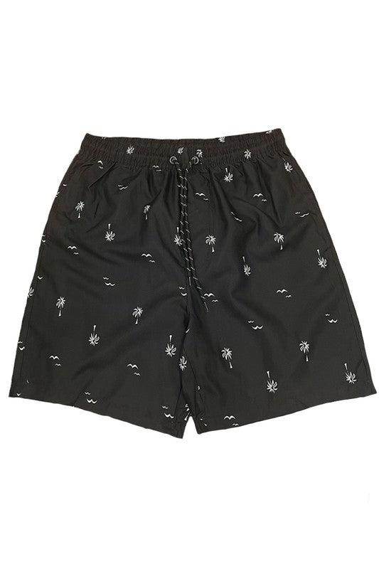 WEIV men's palm print beach shorts in black with palm tree design and adjustable drawstring