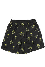 Men's palm tree print swim shorts by WEIV featuring vibrant yellow palm trees on a black background