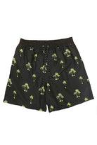 WEIV Men's palm tree print swim shorts with vibrant palm tree design on a black background