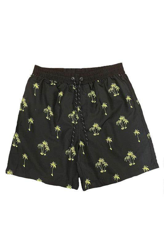 WEIV Men's palm tree print swim shorts with vibrant palm tree design on a black background