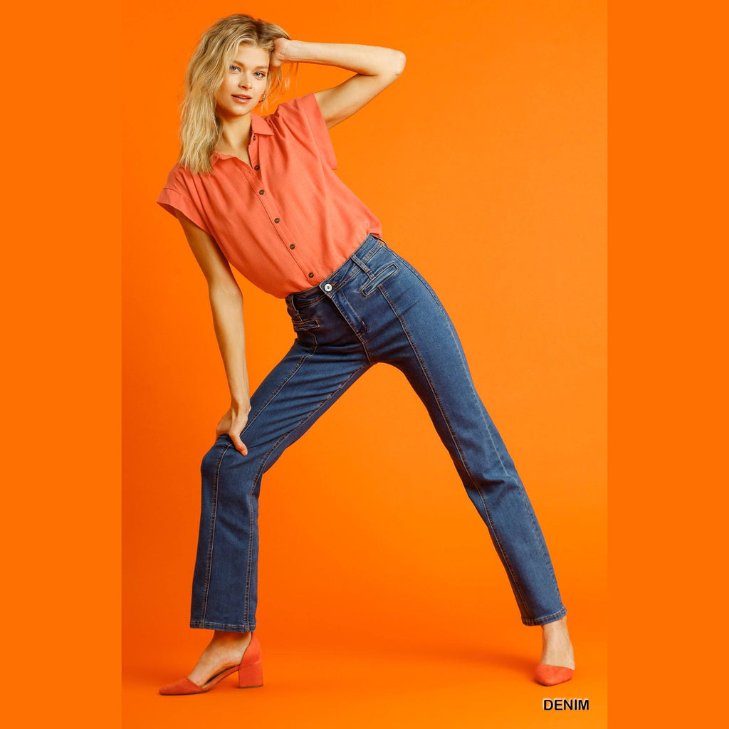 Women's panel straight cut denim jeans, versatile for casual outings