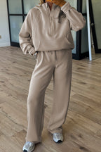 Women's beige pants and bra set, perfect for active lifestyle