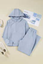 Women's light blue pants and bra set, perfect for activewear or workouts