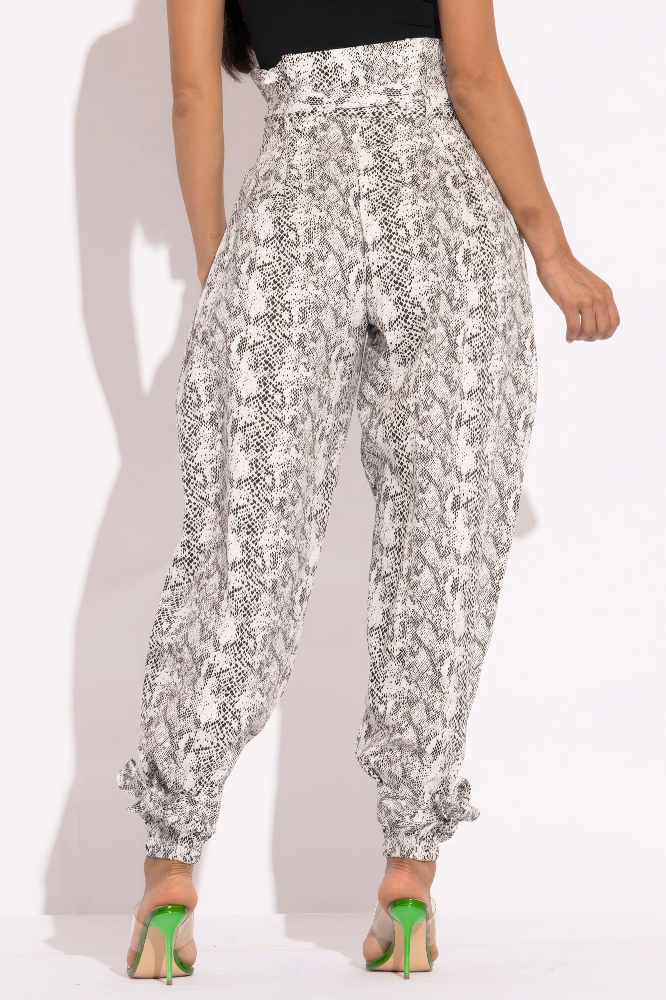 VacationGrabs paper bag waist pants for women in snake print with elastic cuffs and high waist