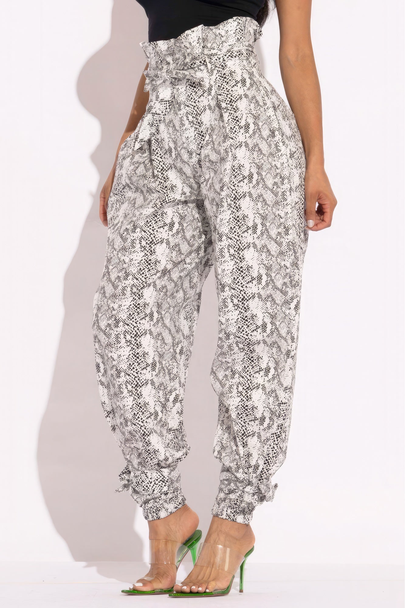 VacationGrabs paper bag waist pants for women with snake print and tapered ankle design