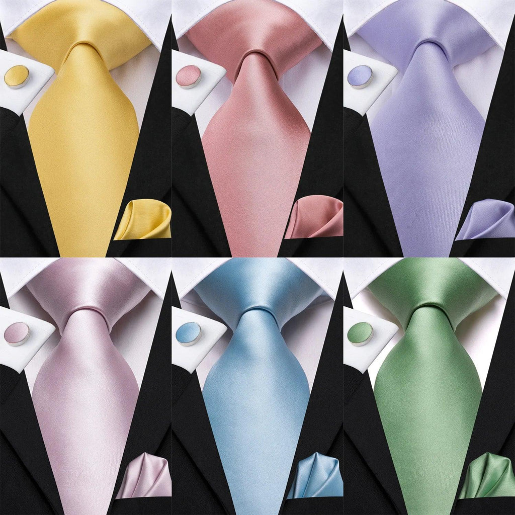Men's Accessories - Ties Pastel Solid Silk Wedding Ties For Men Fashion Design Handky Cufflink Sets