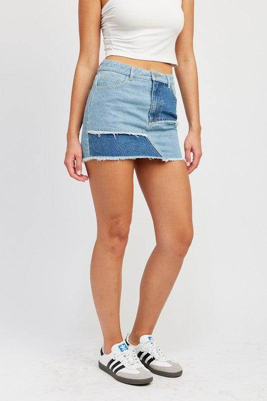 Patch Work Denim Mini Skirt - VacationGrabs