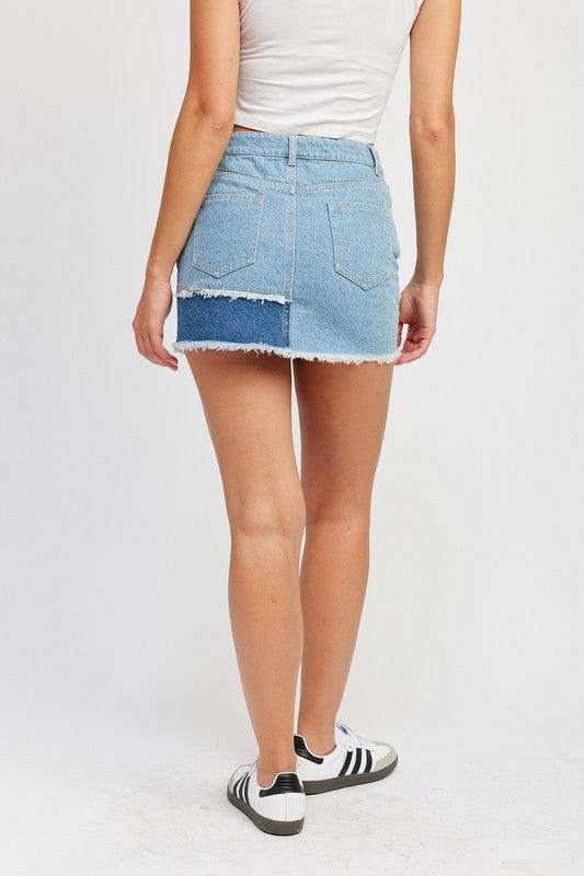 Patch Work Denim Mini Skirt - VacationGrabs