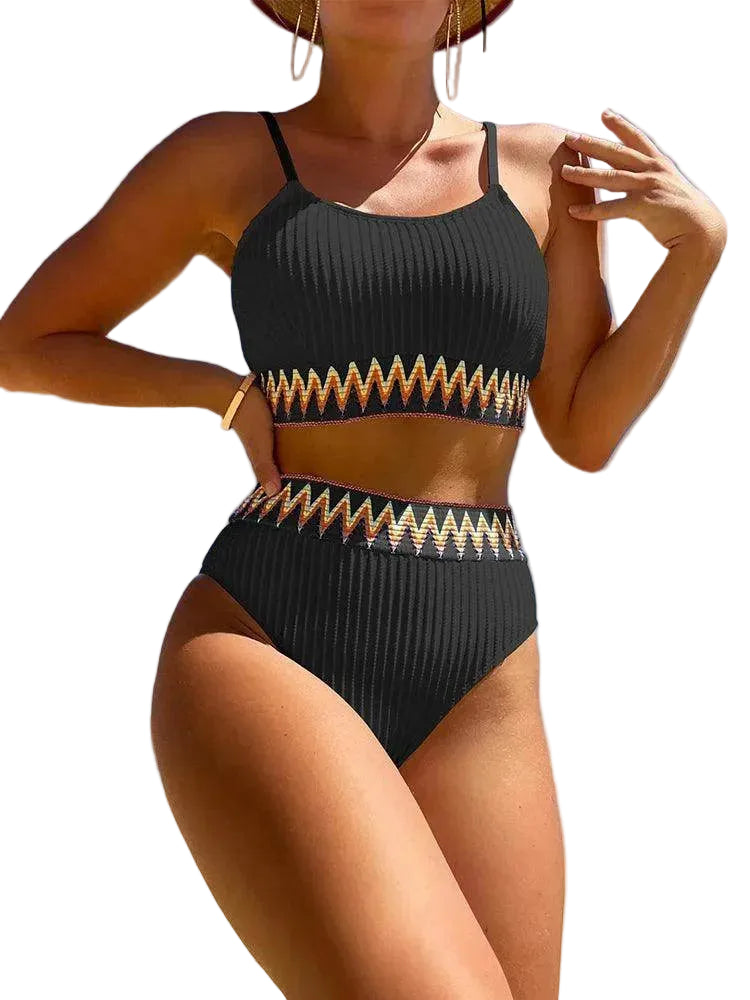 Women's patchwork Brazilian bikini set in black, perfect for beach outings