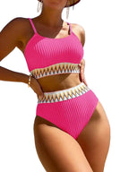 Women's pink patchwork Brazilian bikini set, perfect for beach outings