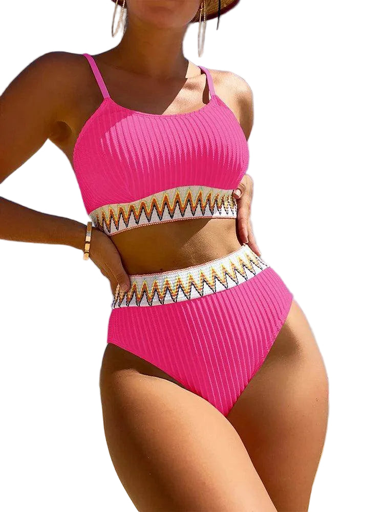 Women's pink patchwork Brazilian bikini set, perfect for beach outings