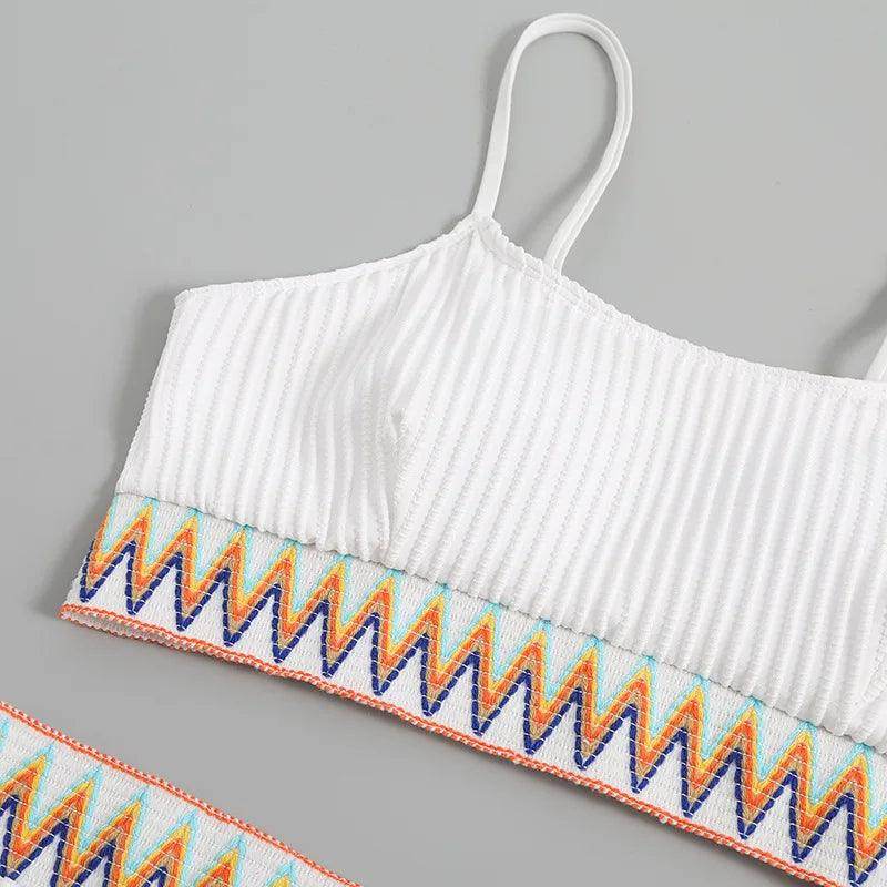 Patchwork Brazilian bikini set in white, perfect for beach days