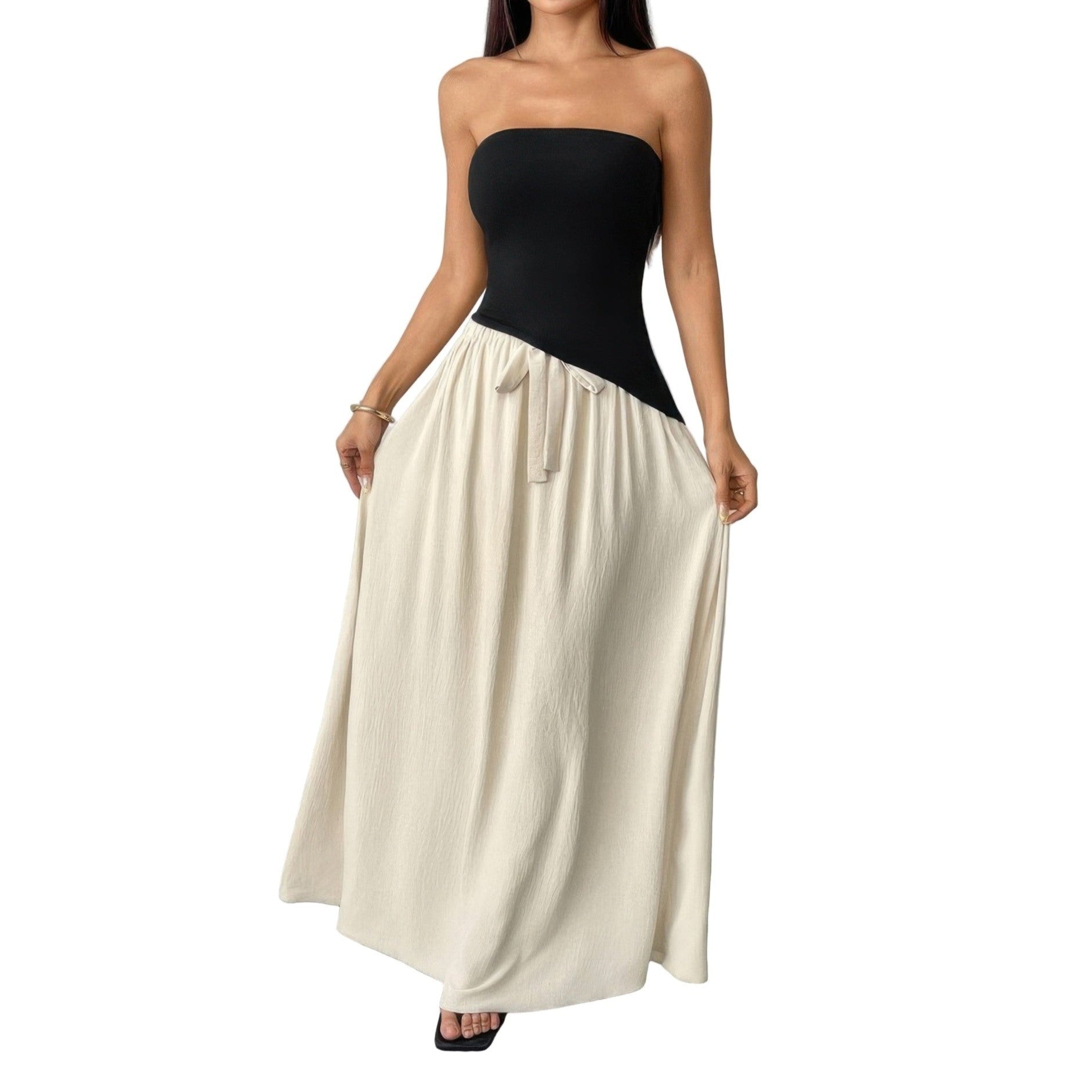 VacationGrabs patchwork strapless tube dress in black and cream for summer outings