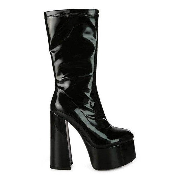 Rag Company sleek patent leather calf boots with a stylish platform and high heels