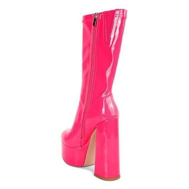 Rag Company pink patent leather calf boots with a high block heel and side zipper for stylish design