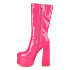 Rag Company patent leather calf boots in vibrant pink with a chunky heel and zipper closure