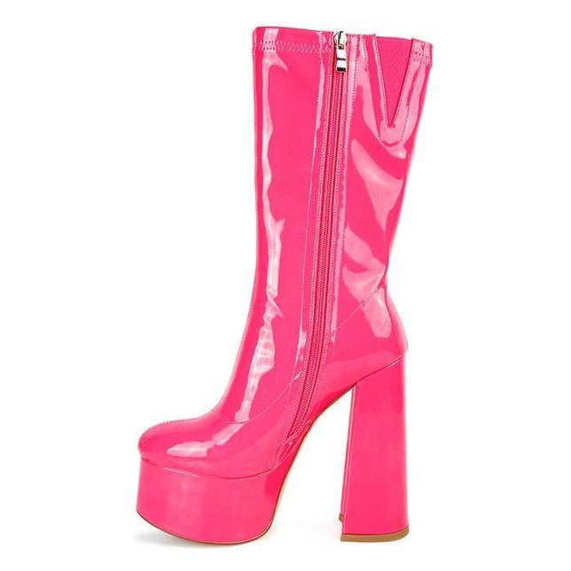 Rag Company patent leather calf boots in vibrant pink with a chunky heel and zipper closure