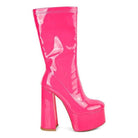 Rag Company patent leather calf boots in vibrant pink with high block heels for a bold fashion statement