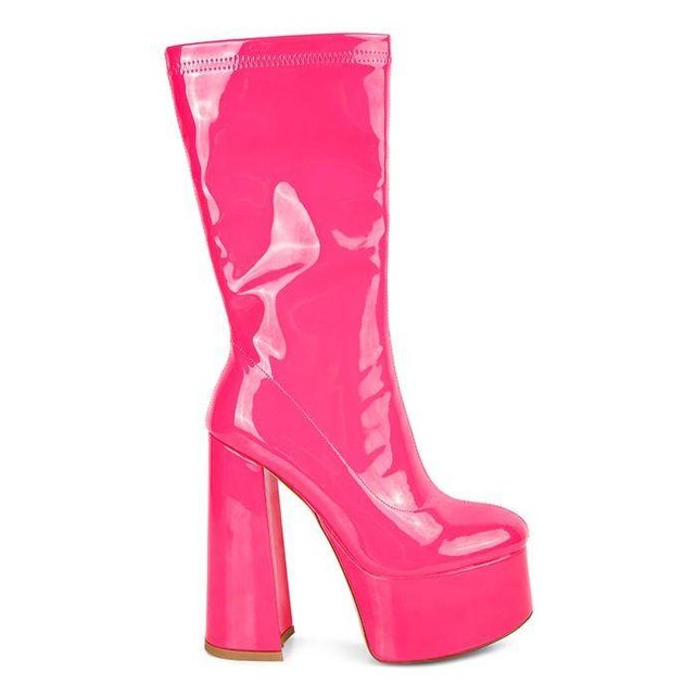 Rag Company patent leather calf boots in vibrant pink with high block heels for a bold fashion statement