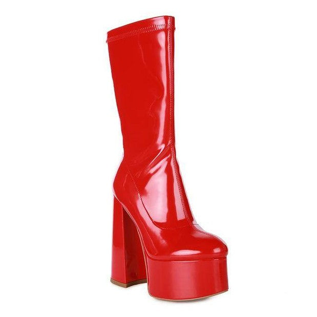 Rag Company red patent leather calf boots with a chunky platform and sleek design for stylish looks