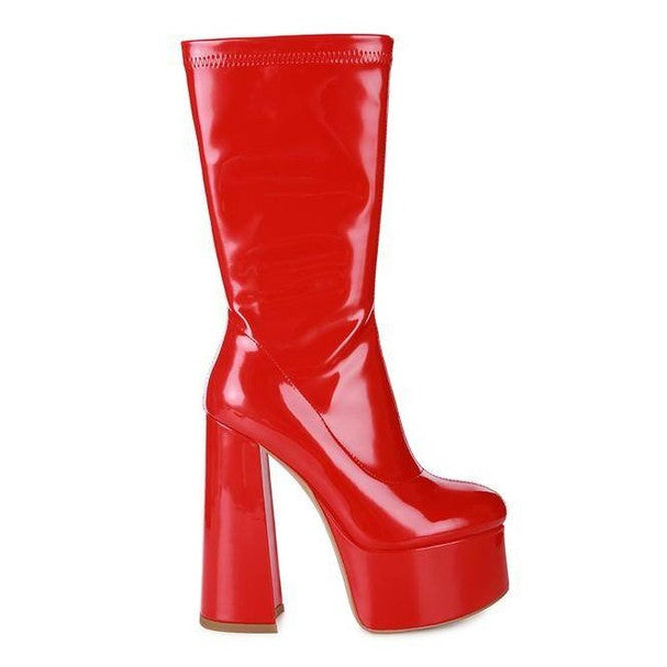 Bold red patent leather calf boots with a high platform heel for stylish women's footwear