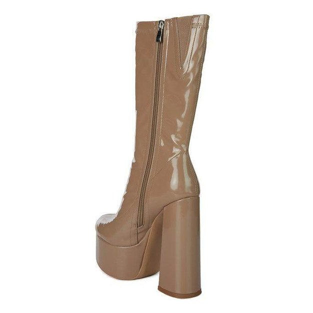 Rag Company patent leather calf boots in nude with chunky high heels and zip closure