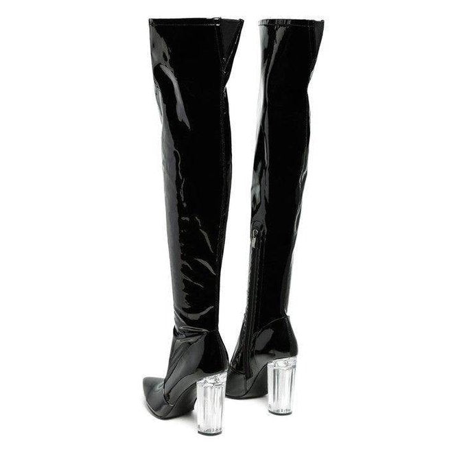 Rag Company patent thigh high boots in black with transparent block heels for stylish outfits