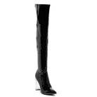 Rag Company patent thigh high boots with clear block heels for a stylish look