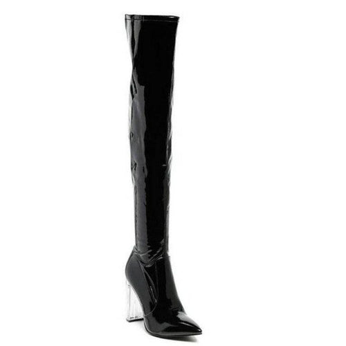 Rag Company patent thigh high boots with clear block heels for a stylish look