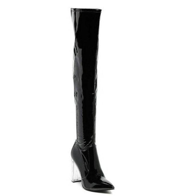 Rag Company patent thigh high boots with clear block heels for a stylish look