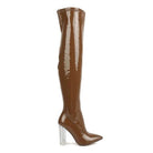 Stylish Rag Company patent thigh high boots in brown with clear high heels for a chic look