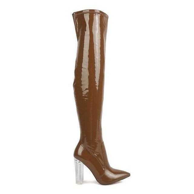 Stylish Rag Company patent thigh high boots in brown with clear high heels for a chic look
