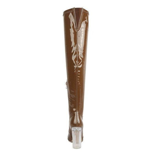 Rag Company patent thigh high boots in brown with a crystal heel for a stylish look