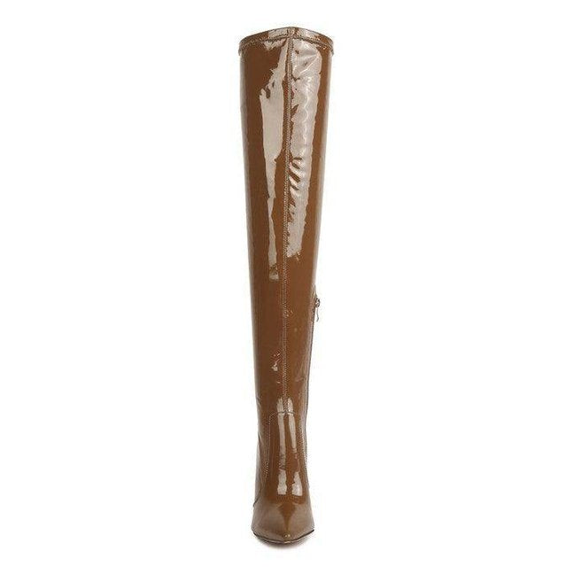 Rag Company patent thigh high boots in brown with a sleek and stylish design for trendy outfits