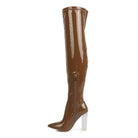 Rag Company patent thigh high boots in brown with transparent heels for stylish women's footwear