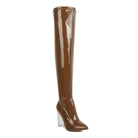 Rag Company patent thigh high boots in brown with clear high heels for a stylish look