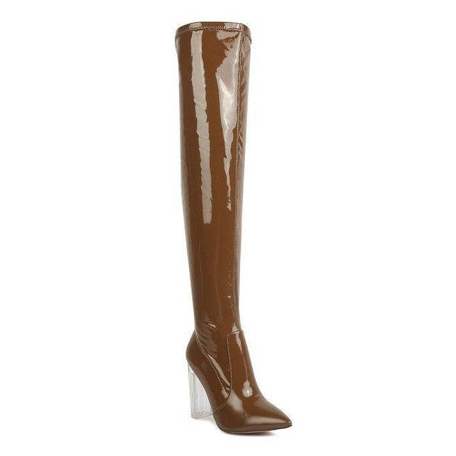 Rag Company patent thigh high boots in brown with clear high heels for a stylish look