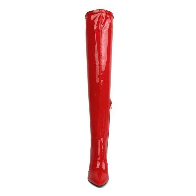 Rag Company red patent thigh high boots with a sleek design and pointed toe for stylish footwear