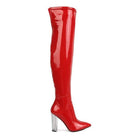 Rag Company patent thigh high boots in red with a sleek design and clear block heel