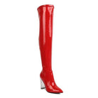 Rag Company red patent thigh high boots with stylish pointed toes and clear block heels