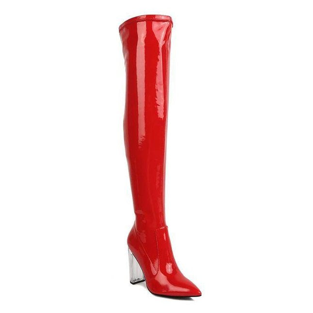 Rag Company red patent thigh high boots with stylish pointed toes and clear block heels