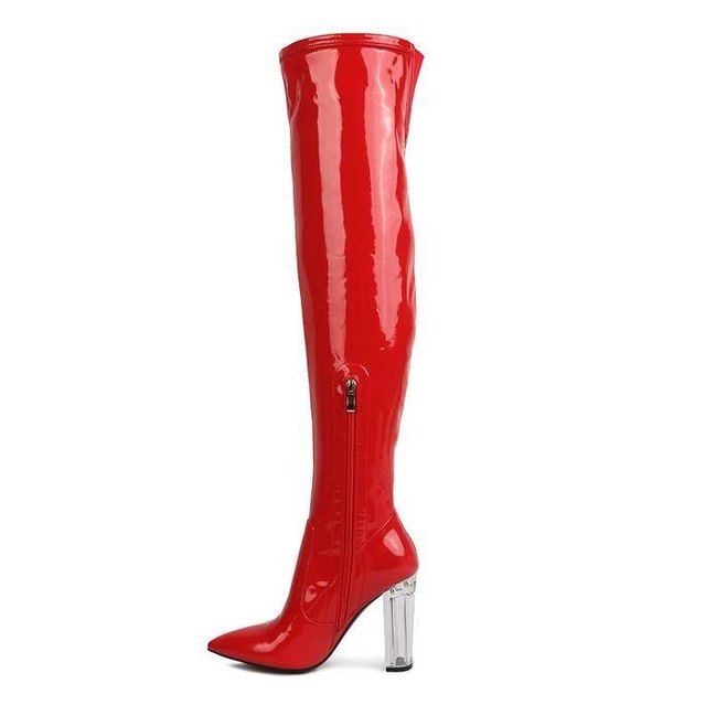 Rag Company red patent thigh high boots with a pointed toe and clear block heel
