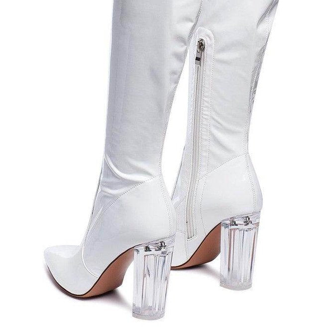 Rag Company patent thigh high boots in white with clear block heels and zip closure on the back