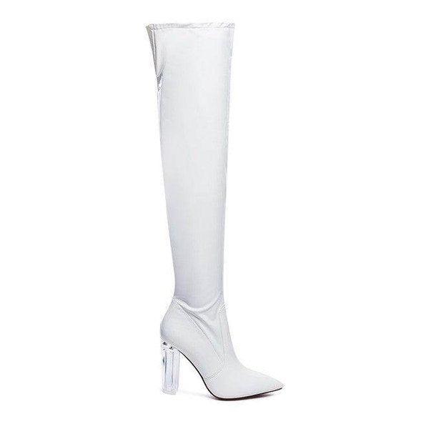 Rag Company patent thigh high boots in white with a transparent heel for a stylish look