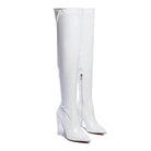 Stylish white patent thigh high boots with pointed toes and clear heels by Rag Company
