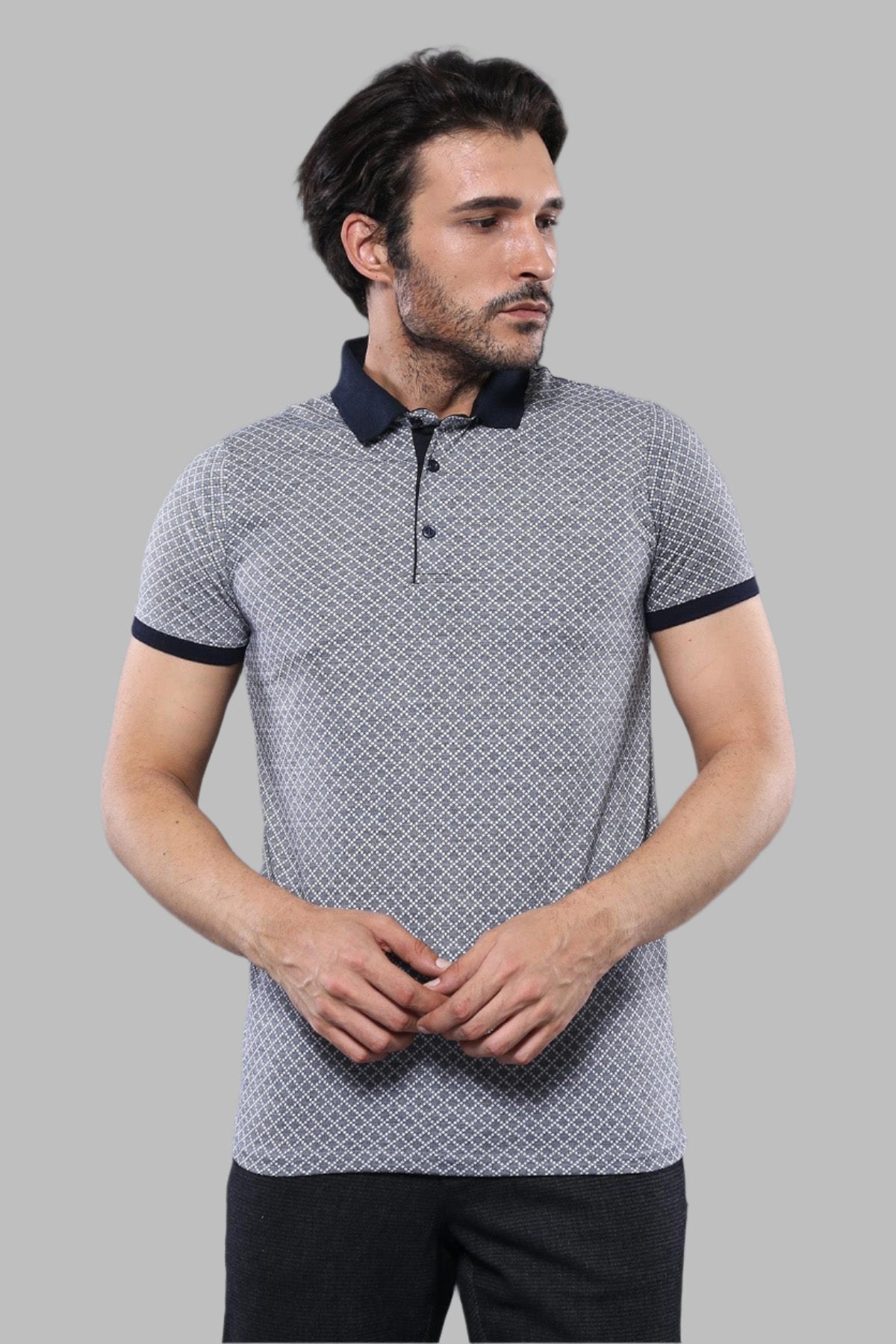 Patterned Grey Men's Polo T-Shirt – front view