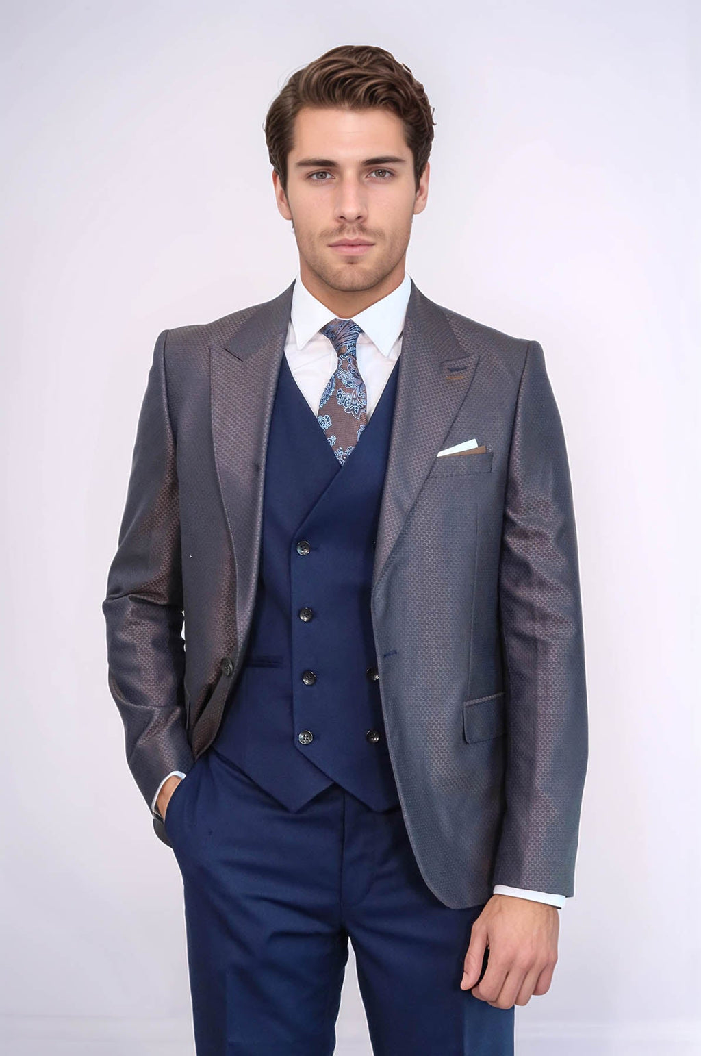Patterned Navy Blue Brown Men Suit – front view