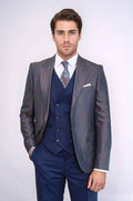 Patterned Navy Blue Brown Men Suit – front view